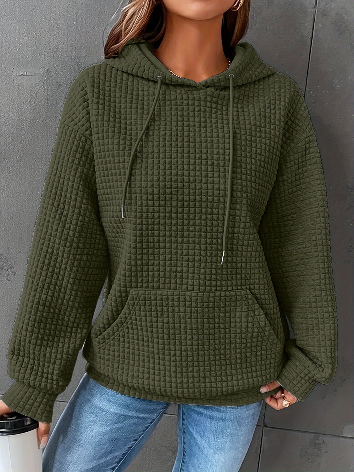 waffle grid kangaroo pocket hoodie, waffle grid kangaroo pocket hoodie casual long sleeve drawstring hoodies sweatshirt womens clothing details 9